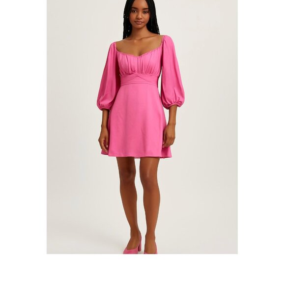 Double Crazy Dresses & Skirts - Double Crazy Hot Pink Puffed Sleeve Ruched Waist Satin Mini Dress - Size Small